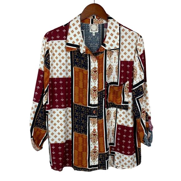 Tru Self Shirt Blouse Top Mixed Patterns Button Front Women’s L - Picture 1 of 9